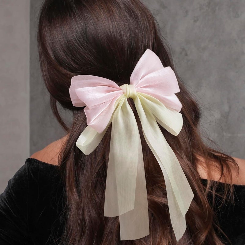 STSTR 2Pcs Large Hair Bow Clips, Pink Yellow Silk Yarn Ribbon Bow Hair Barrette for Women, Elegant Long Tail Bowknot French Accessories for Wedding, Parties, Festivals - Style 2 - Image 5
